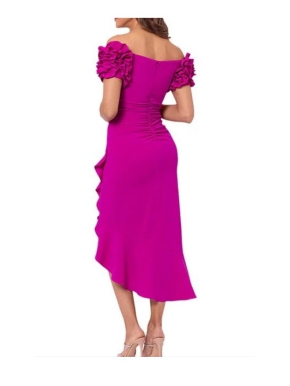 Xscape Ruffled Off-The-Shoulder Scuba Crepe Midi Dress Size 4 New With Tags - Picture 9 of 16